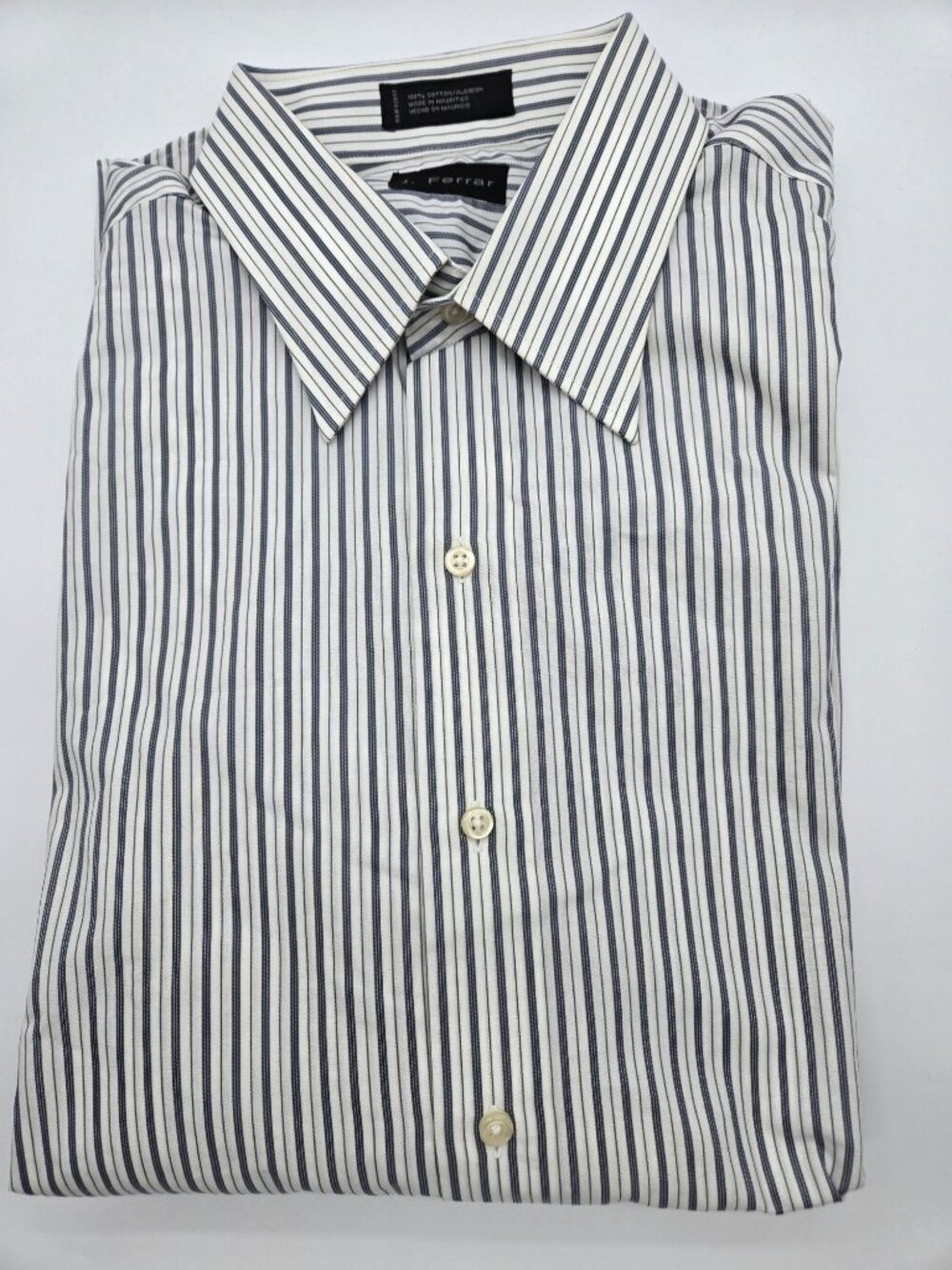 J. Ferrar 100% Cotton Striped Dress Shirt Cream Blue 17.5 34/35 Men's Button Up